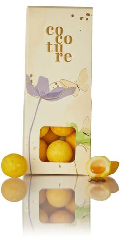 Cocoture, Hvid choko m. flydende i gul æske med Blomster