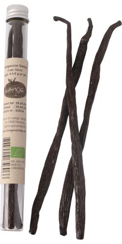Langs Vanilje, Madagascar Vanilje, 3 stk rør, 18 cm, 4,5-5 gram pr stk